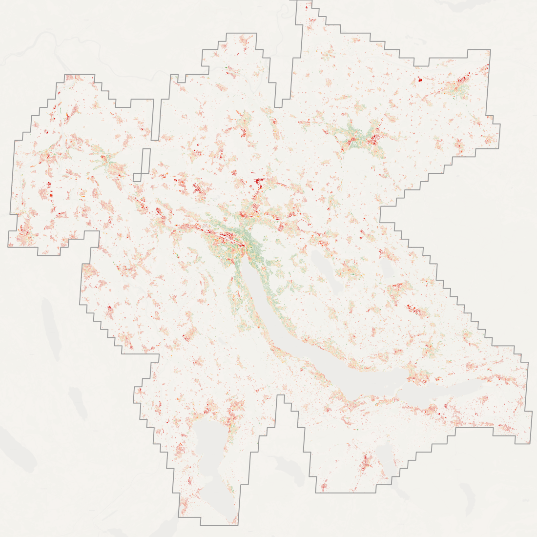 Zurich: building-level tree canopy. Red = exposed, green = adequate shade.